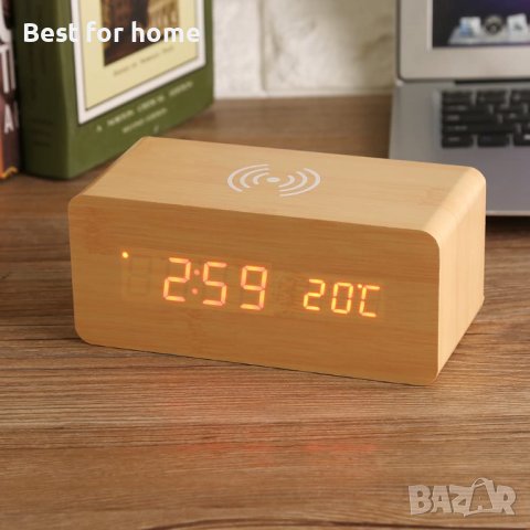 Дървен LED дигитален настолен будилник,Температура Безжично зарядно устройство за телeфон, снимка 7 - Други стоки за дома - 40236274