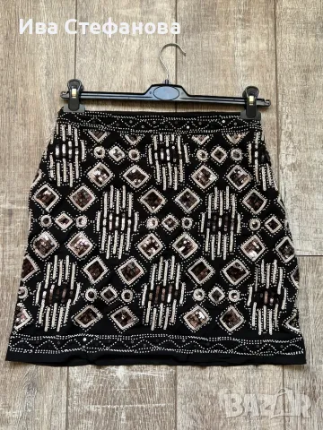 Елегантна нова луксозна официална парти пола s.Oliver бели черни паети мъниста , снимка 2 - Поли - 49290628