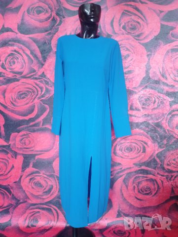Наситено синя елегантна дълга рокля с голяма цепка и дълъг ръкав ХЛ