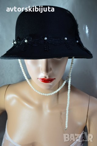 ⚜️ Черна шапка филц с перли №3060, снимка 3 - Шапки - 37671760