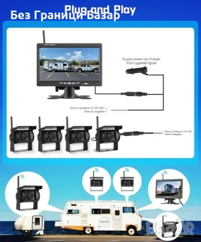 Нова Безжична камера за заден ход 7" IPS монитор 4 камери HD нощно виждане, снимка 2 - Друга електроника - 49579577