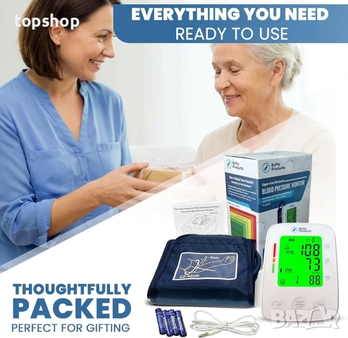 Нов автоматичен апарат за кръвно налягане ByFloProducts с цветен дисплей и маншет 22-42см  , снимка 8 - Други - 54096310