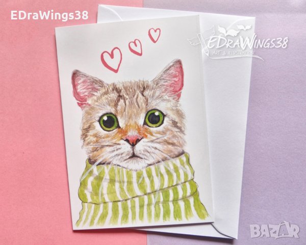 Картичка "Котка с шал", снимка 1 - Подаръци за жени - 29087002