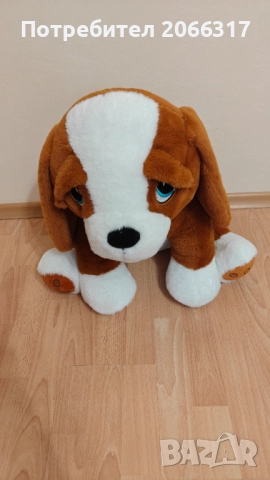 Плюшено куче със синя папийонка, 50x35x50 см, кафяво и бяло, снимка 2 - Плюшени играчки - 51967434