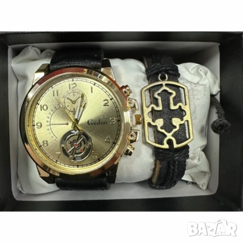 Елегантен мъжки комплект – часовник с черна каишка и гривна с метален щит, снимка 9 - Други - 51947391