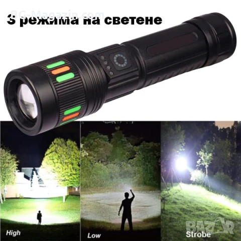 Мощен акумулаторен лазерен LED фенер далекобоен тактически ръчен прожектор водоустойчив USB къмпинг, снимка 4 - Къмпинг осветление - 51178874