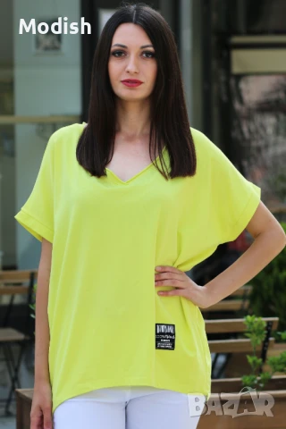 Памучна едноцветна дамска блуза с V-образно деколте 7042, снимка 10 - Тениски - 50696210