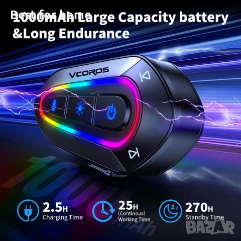 Слушалки за мотоциклетна каска VCOROS VR2 с 16-цветни RGB светлини, снимка 2 - Слушалки и портативни колонки - 52694292