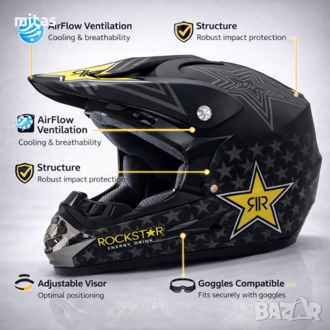 Кросова каска ROCKSTAR, Full Face, DOT Сертификат, Размер: S; M;, снимка 10 - Аксесоари за велосипеди - 52137315