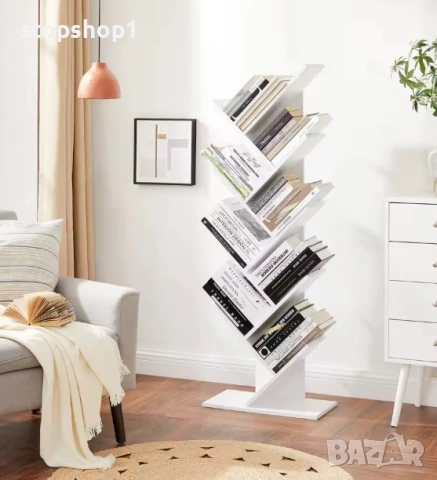   Vasagle 8-етажен дървен рафт за Книги, CD-та във формата на дърво за хол, офис, бял