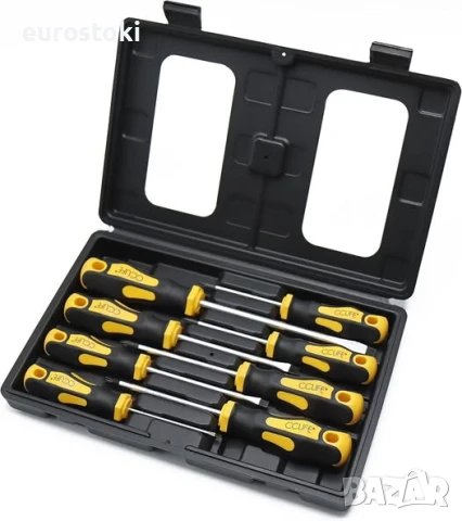 CCLIFE Комплект магнитни отвертки от 8 части с плоски, Pozidriv и Phillips CR-V отвертки с куфар 