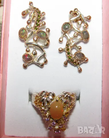 Пръстен и обеци с бял етиопски опал, снимка 2 - Обеци - 47801514