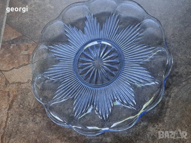 стъклен поднос за торта цветно синьо стъкло   26/3