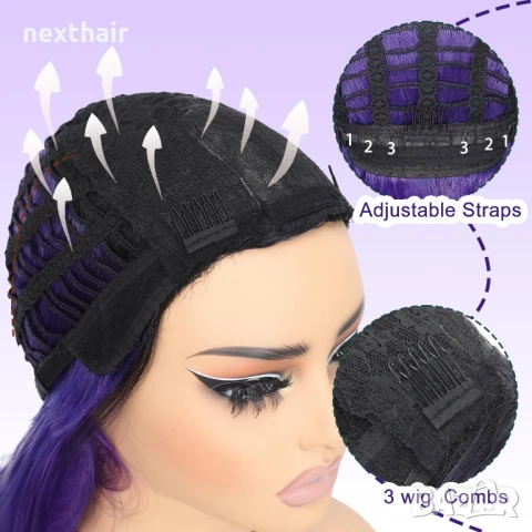 Три цветна перука черно лилаво розова, снимка 7 - Аксесоари за коса - 50649870