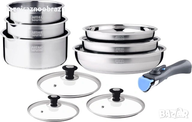 Комплект за готвене Arthur Martin 10 части, с подвижна дръжка Inox 18/10, снимка 2 - Съдове за готвене - 52795277