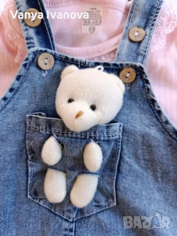 Дънкова рокличка с мече +блузка, снимка 3 - Бебешки рокли - 48844140