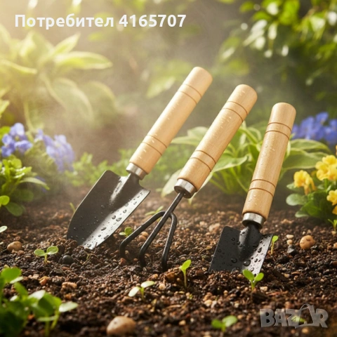 Комплект мини градински инструменти с дървени дръжки – 3 части, снимка 4 - Градински инструменти - 53045241
