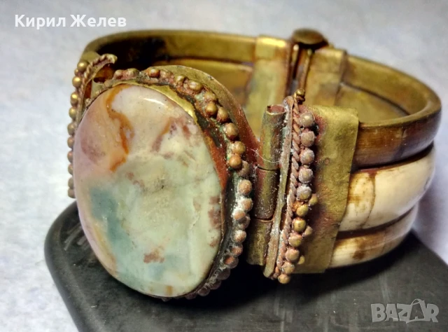 СТАРА ОГРОМНА ЕТНОГРАФСКА ТИБЕТСКА БРОНЗОВА ГРИВНА РЪЧНА ИЗРАБОТКА ИНКРУСТИРАНА с ЯСПИС и РОГ 38150