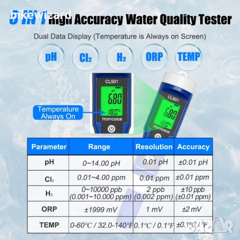 Homcoice pH хлоромер за басейн 5-в-1, pH хлор ORP H₂ НОВ, снимка 3 - Други инструменти - 52642340