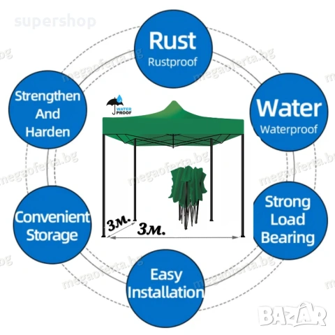 Сгъваема Шатра 3х3 с Усилена Конструкция и Зелено Гумирано Покривало, снимка 6 - Градински мебели, декорация  - 54014262
