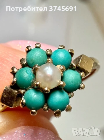 Английски пръстен с тюркоаз и перла 9К, снимка 2 - Пръстени - 50938586