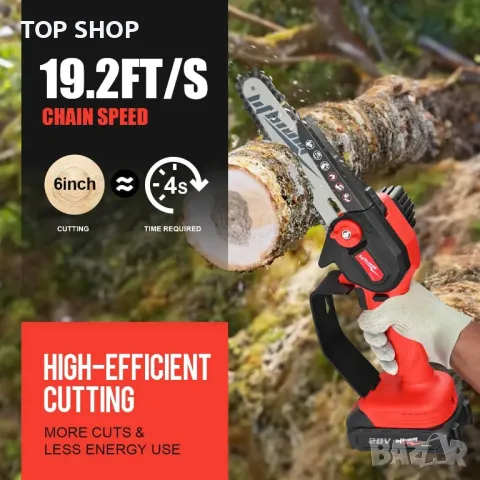 Безжичен мини верижен трион, 6-инчов електрически верижен трион, работещ с батерия 20V, снимка 4 - Градинска техника - 49693541