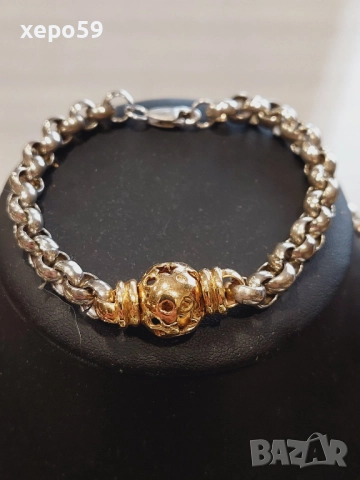 Прекрасна сребърна авторска дамска гривна и колие.Сребро проба 925,златни 9 каратови апликации, снимка 2 - Колиета, медальони, синджири - 52293101