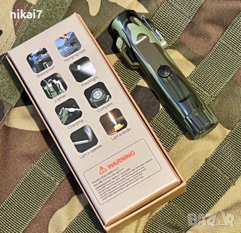 тактическа водоустойчива плазмена запалка с фенер и компас туризьм лов, снимка 11 - Други - 42056042