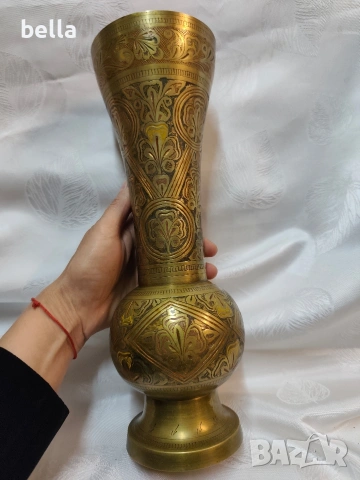 Внушителна ваза от гравиран месинг (31 см),цветни орнаменти, снимка 6 - Антикварни и старинни предмети - 54299250