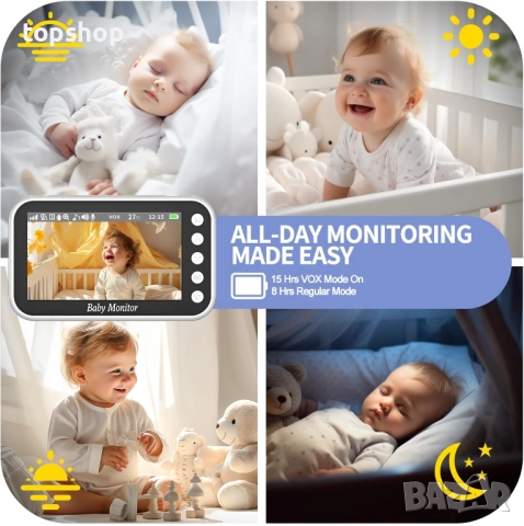 Нов OBVHNUA PTZ бебефон без wifi, 300 метра разстояние с видео и аудио 720P 4.3-инчов дисплей..., снимка 4 - Бебефони - 52261301