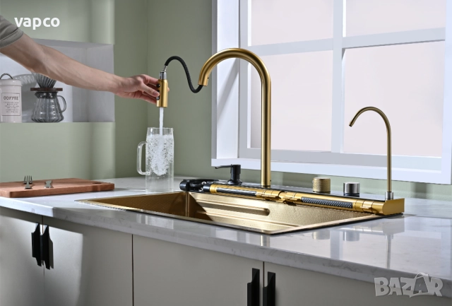 Златна мултифункционална кухненска мивка с регулируем двоен водопад, снимка 7 - Мивки - 51491360