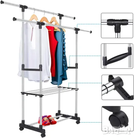 Поставка за дрехи на колела Разтегателна 75-151 Регулируема височина, снимка 6 - Закачалки - 49668436