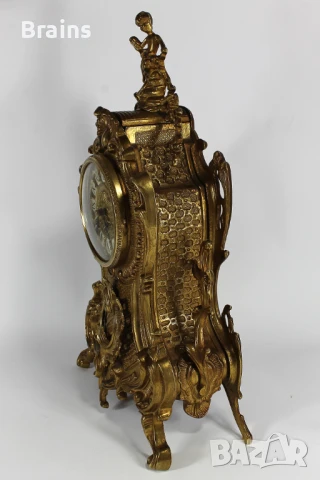 Немски Каминен Механичен Часовник Месингов С Орнаменти, снимка 6 - Антикварни и старинни предмети - 51394258