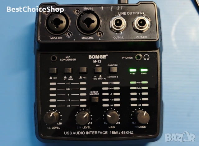 BOMGE USB аудио интерфейс 2-канален миксер XLR/3.5mm вход 48V захранване, снимка 3 - Ресийвъри, усилватели, смесителни пултове - 53927415
