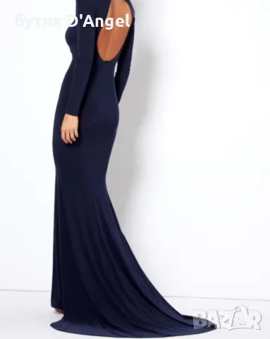 Разкошна дълга рокля в тъмно син цвят с шлейф и гол гръб, снимка 2 - Рокли - 48920645
