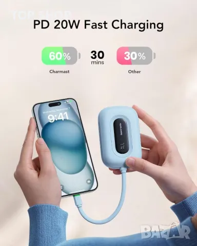 Charmast 10000mAh захранваща банка с вграден кабел, 20W PD, 3 IN/OUT LED дисплей, синя, снимка 3 - Външни батерии - 49804707