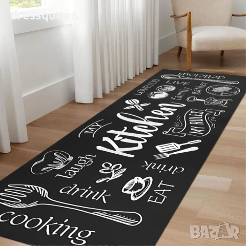 4579 Стилни кухненски пътеки Love Kitchen (Сет 2 части) – Противоплъзгащи и лесни за почистване, снимка 3 - Пътеки - 53901643