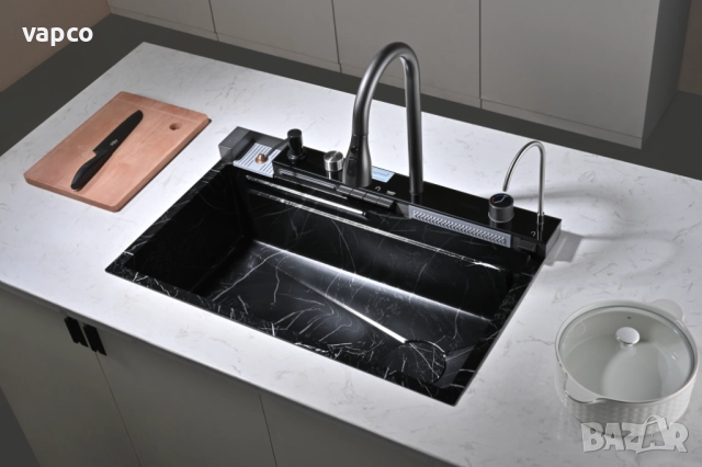  Черен мрамор - Мултифункционална кухненска мивка с двоен водопад , снимка 3 - Мивки - 52128188