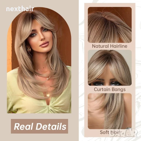 Тъмно руса перука с фини светли кичури и дълъг бретон, снимка 2 - Аксесоари за коса - 50989279