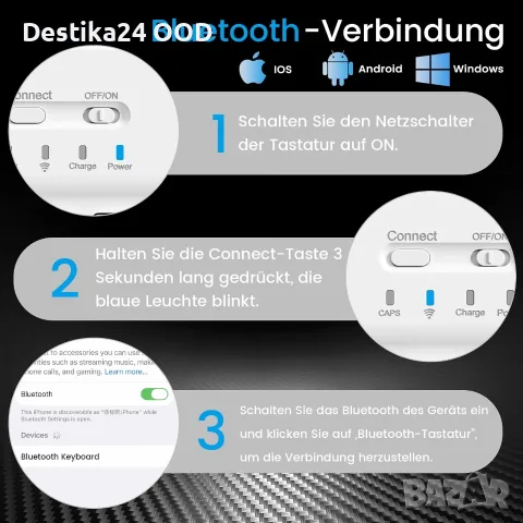 Ултра тънка Bluetooth клавиатура zoyu – безжична, презареждаема, QWERTZ, бяла, снимка 7 - Клавиатури и мишки - 56007466