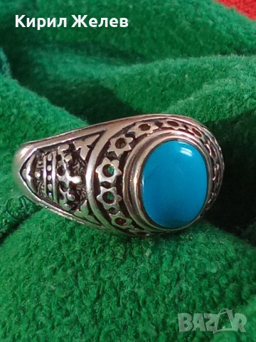 СРЕБЪРЕН ТЮРКОАЗЕН ОРНАМЕНТИРАН РЪЧНО ПРЪСТЕН СРЕБРО 925 ЮВЕЛИРНА СТАРА МАЙСТОРСКА ИЗРАБОТКА 14507, снимка 18 - Пръстени - 33737126