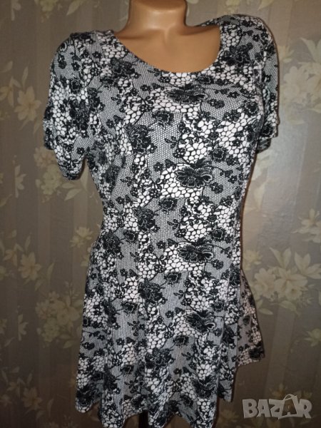 M&S- L, XL/ UK 16-Къса рокля или туника в черно бял флорален принт от трико, снимка 1