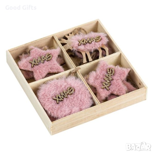 8 броя Дървени пухкави коледни висулки за елха, 6см, Розови, снимка 1