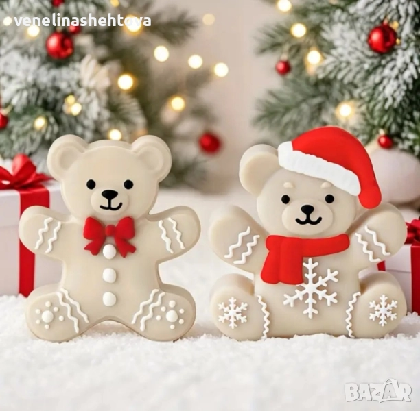 Коледно мече с шапка и шал папионка Дълбок силиконов молд форма за свещи гипс сапун смола фондан , снимка 1