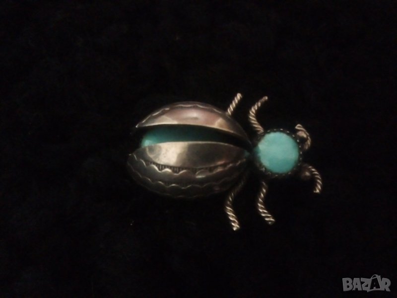  Стара сребърна брошка бръмбар с тюркоаз масивна уникат, снимка 1