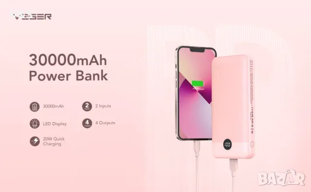 VEGER Power Bank 30000mAh, 20W бързо зареждане PD 18W QC 3.0 USB C батериен пакет Преносимо зарядно , снимка 9 - Външни батерии - 47818609