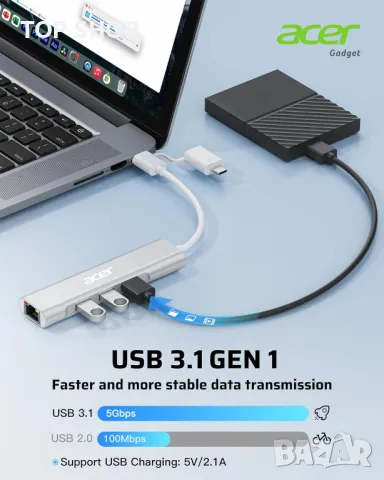 Acer USB А към Ethernet адаптер, 4-в-1 USB-А хъб с 3 USB-A 3.1 и 1Gbps RJ45 - НЯМА А към С адаптер, снимка 4 - Кабели и адаптери - 49451944