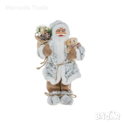 Коледна реалистична фигура Дядо Коледа Сиво палто и плюшено мече, 30см