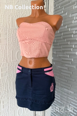 Дамска къса пола в тъмно синьо и розово