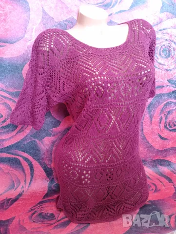 Цикламена блуза туника с къс ръкав Плетиво М, снимка 4 - Блузи с дълъг ръкав и пуловери - 49410848